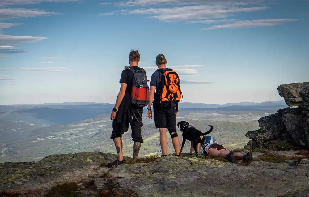 To turgåere og en hund på fjelltopp med utsikt over Hemsedal