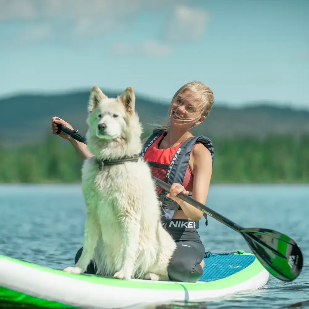 Smilende jente padler SUP-brett på fjellvann med hund om bord